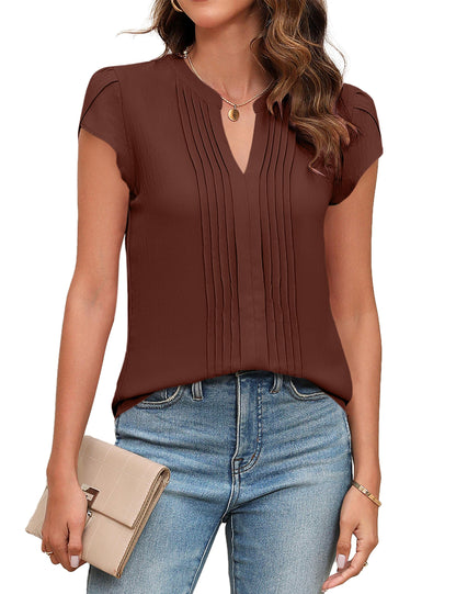 Beautiful Blouses For Ladies - Women's V-Neck Blouse with Pintuck Detail Short Petal Sleeve Business Top Brown