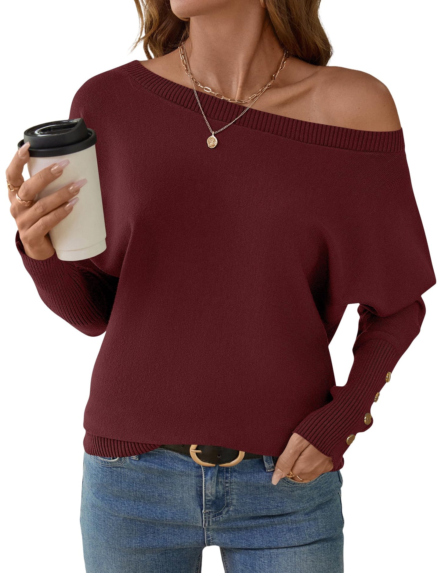 Women's Off The Shoulder Sweater - Oversized Knit Batwing Sleeve Pullover Wine Red