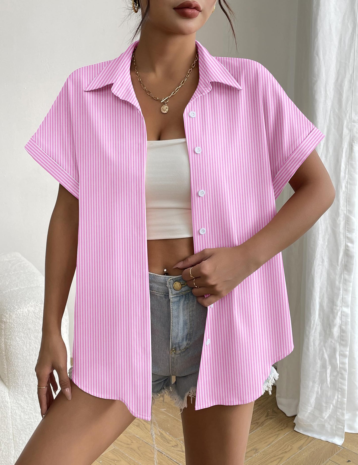 Women's Short Sleeve Button Down Shirt - Summer V-Neck Blouse for Work and Casual