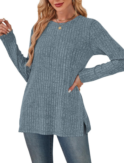 Women's Crewneck Sweater with Pockets - Long Sleeve Tunic Top with Side Slits