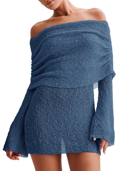 Women's Off Shoulder Beach Cover Up - Sheer Bell Sleeve Mini Dress for Swimwear