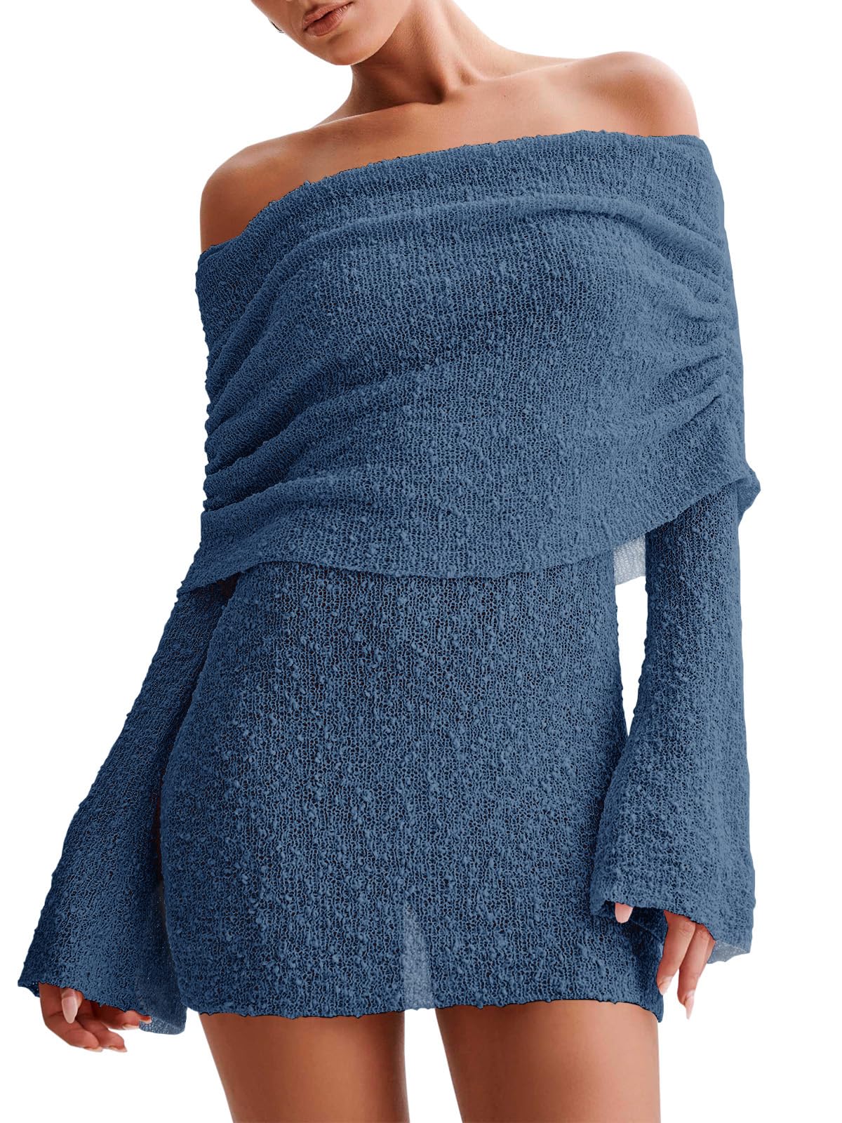 Women's Off Shoulder Beach Cover Up - Sheer Bell Sleeve Mini Dress for Swimwear