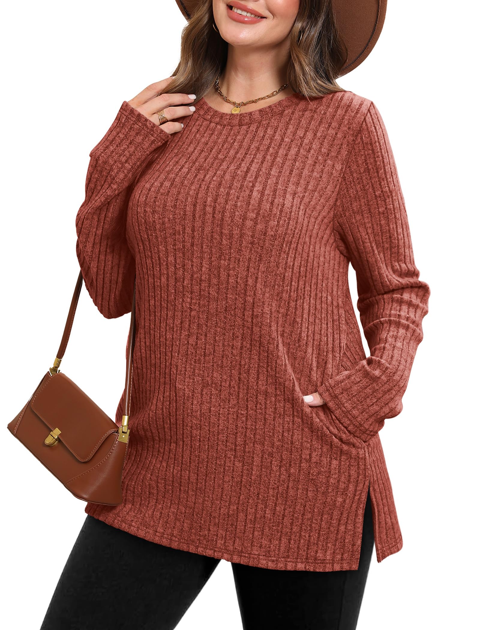 Women's Crewneck Sweater with Pockets - Long Sleeve Tunic Top with Side Slits