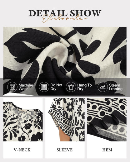 Big & Tall Clothing - Women's 3/4 Sleeve V-Neck Bohemian Peasant Blouse Loose Fit Tunic Top