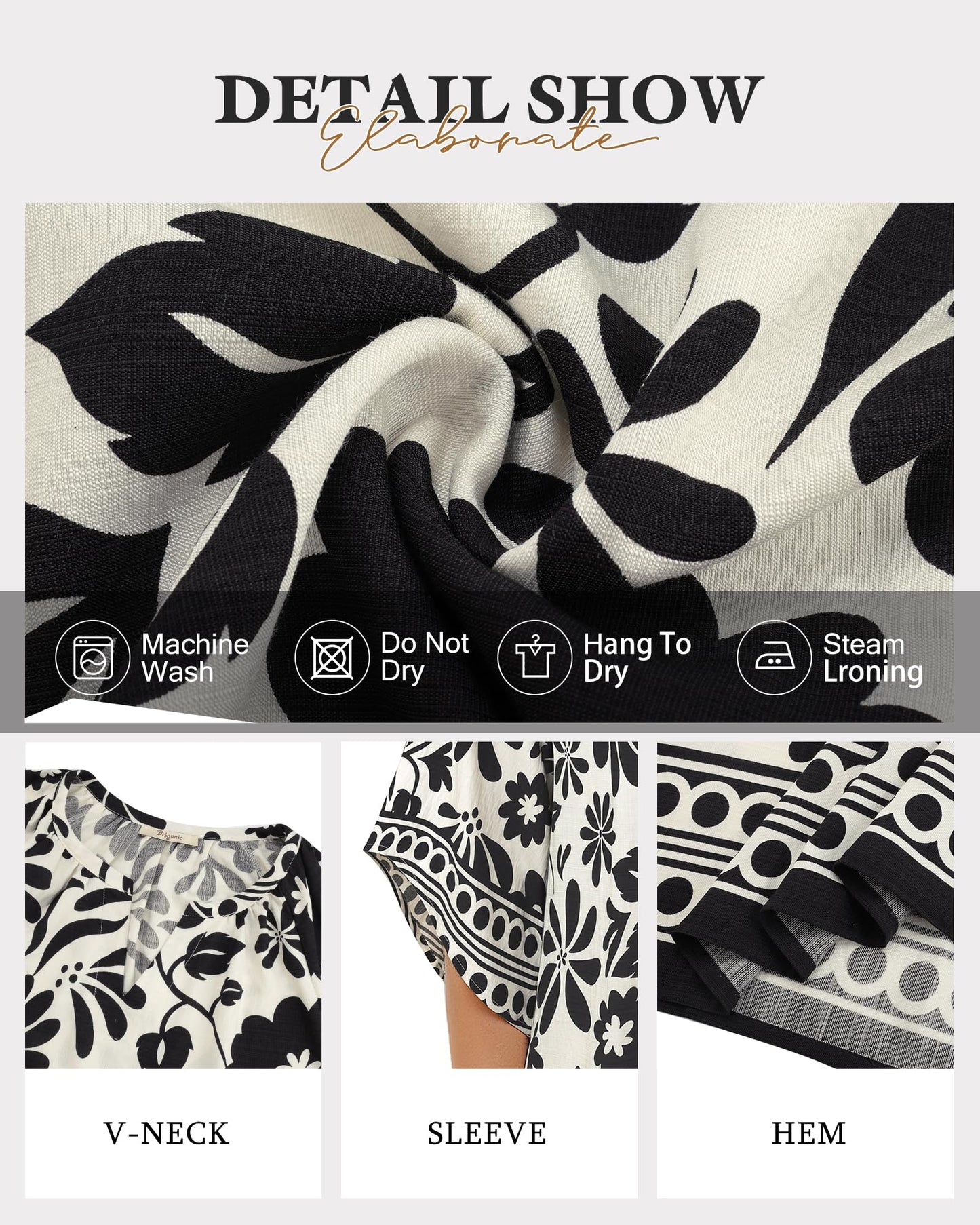 Big & Tall Clothing - Women's 3/4 Sleeve V-Neck Bohemian Peasant Blouse Loose Fit Tunic Top