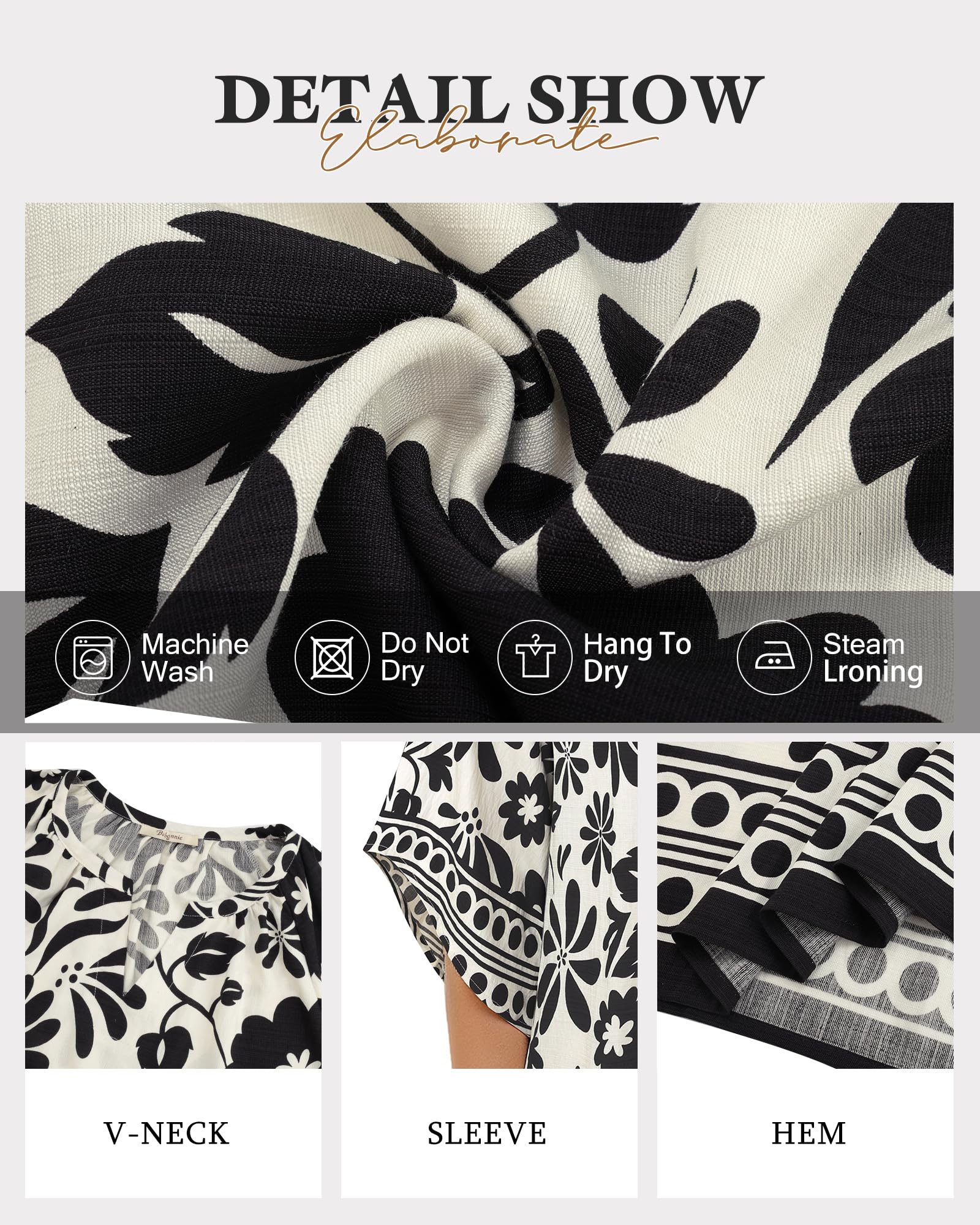 Big & Tall Clothing - Women's 3/4 Sleeve V-Neck Bohemian Peasant Blouse Loose Fit Tunic Top