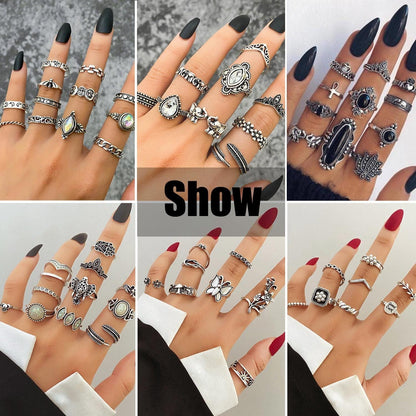Vintage Silver Knuckle Rings Set 42 Pieces Adjustable Gothic Stackable Rings