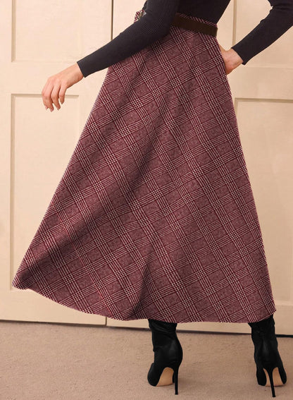 Women's Plaid Skirts - High Waist A-Line Midi Tartan Skirt with Pockets