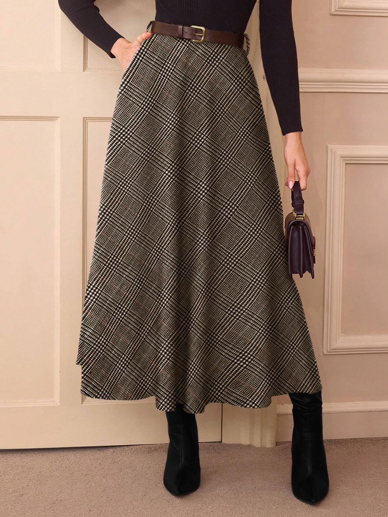 Women's Plaid Skirts - High Waist A-Line Midi Tartan Skirt with Pockets