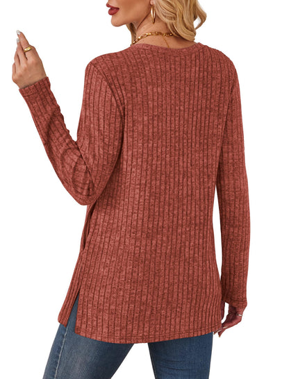 Women's Crewneck Sweater with Pockets - Long Sleeve Tunic Top with Side Slits