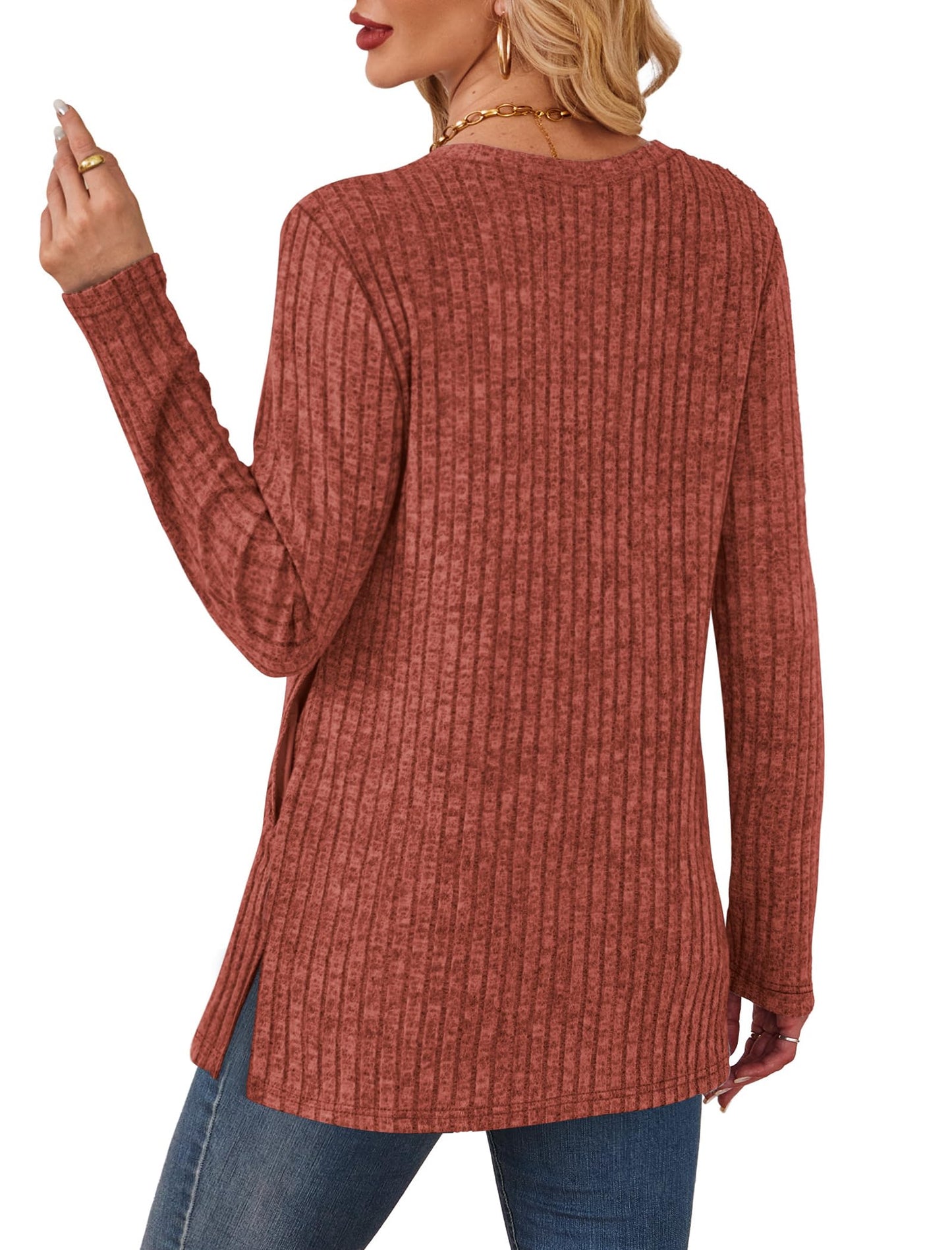 Women's Crewneck Sweater with Pockets - Long Sleeve Tunic Top with Side Slits