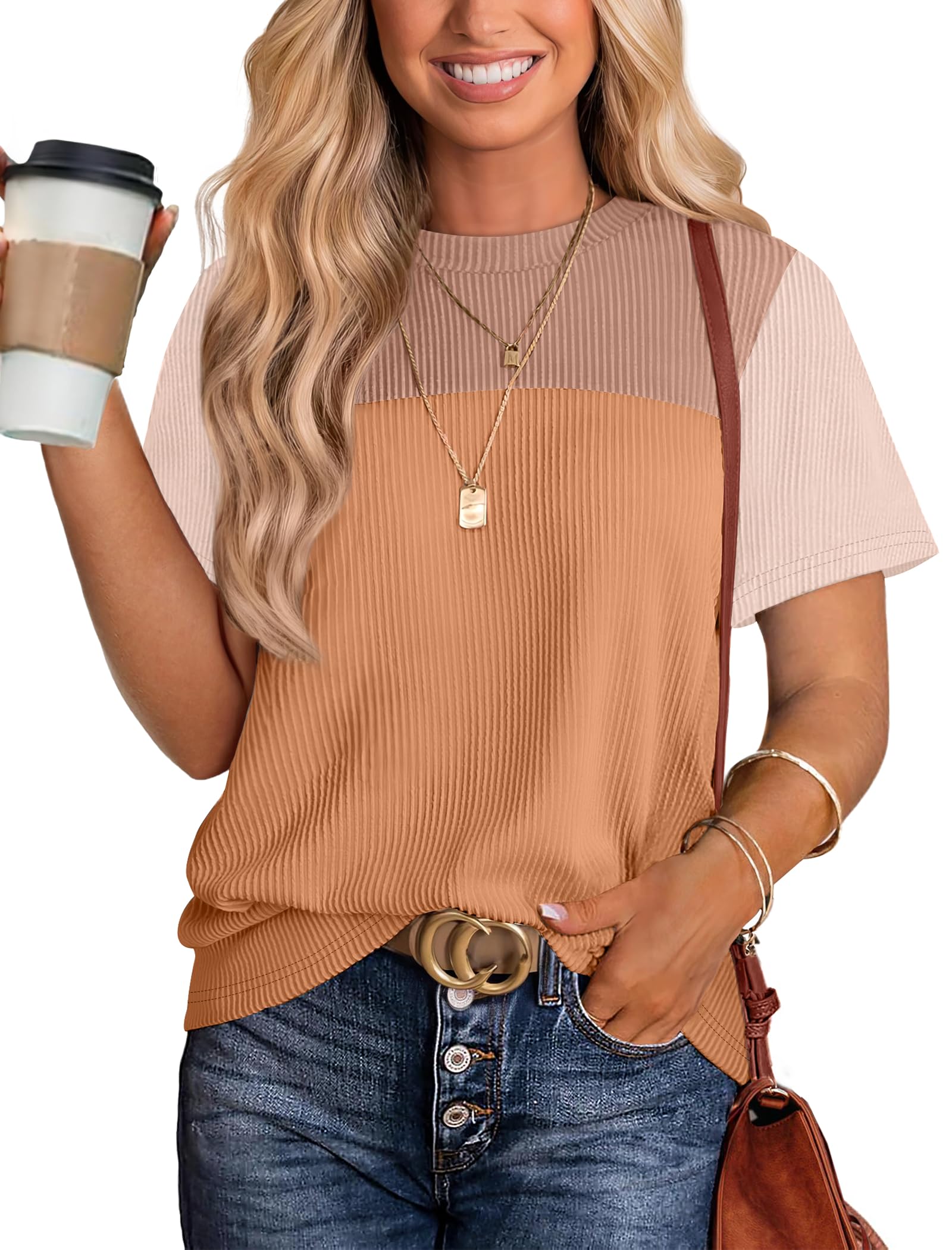 Women's Color Block Knit Shirt Short Sleeve Crewneck Top