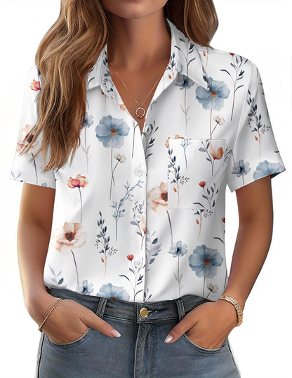 Polyester Blouse - Women's Button Down Shirt Short Sleeve Business Casual Blouse with Chest Pocket Dh6