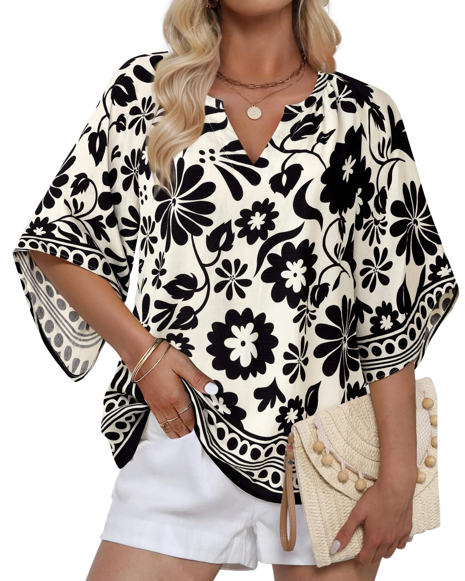 Big & Tall Clothing - Women's 3/4 Sleeve V-Neck Bohemian Peasant Blouse Loose Fit Tunic Top