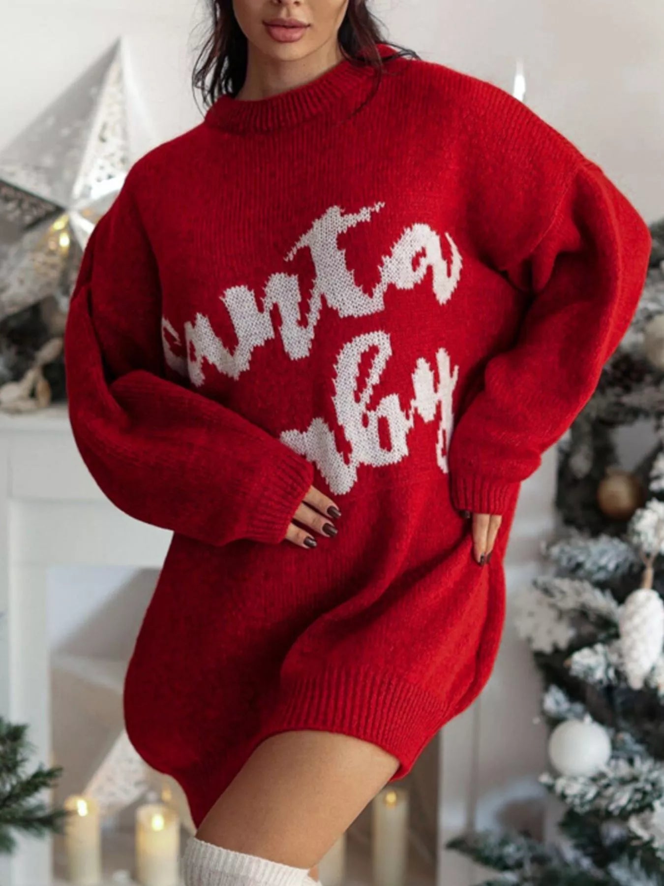 Christmas Letter Oversized Sweater Dress Red