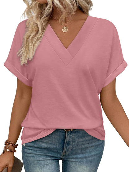 Womens Summer Tops V Neck Short Sleeve Shirts Casual Dolman Sleeve Fashion Blouse Pink