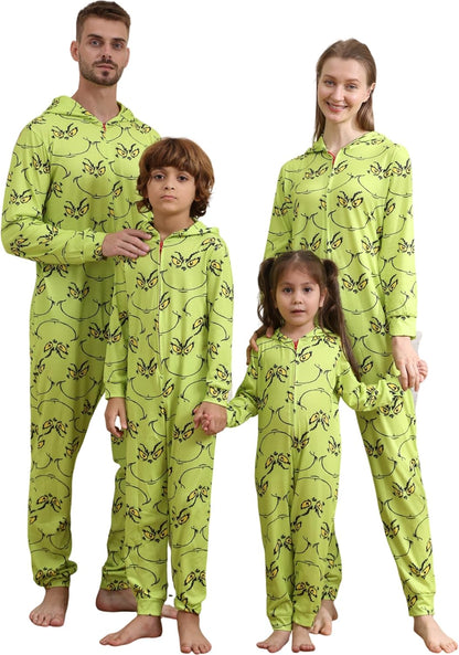 Matching Christmas Onesies for Family - Zip Up One-Piece Holiday Pajamas Green Face