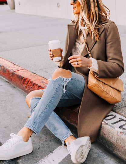 Wool Blend Pea Coat - Double Breasted Mid Length Trench Coat for Women