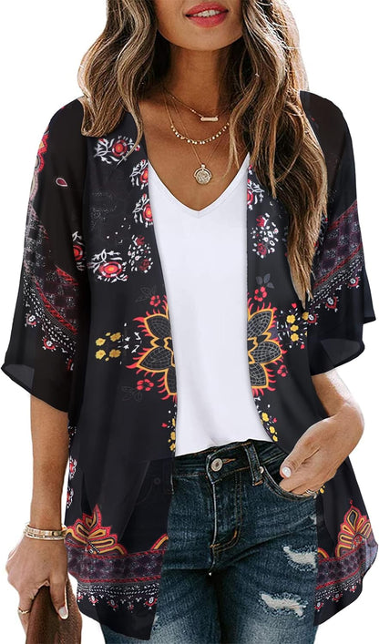 Floral Print Kimono Cardigan Women Puff Sleeve Cover Up Casual Blouse Loose Top