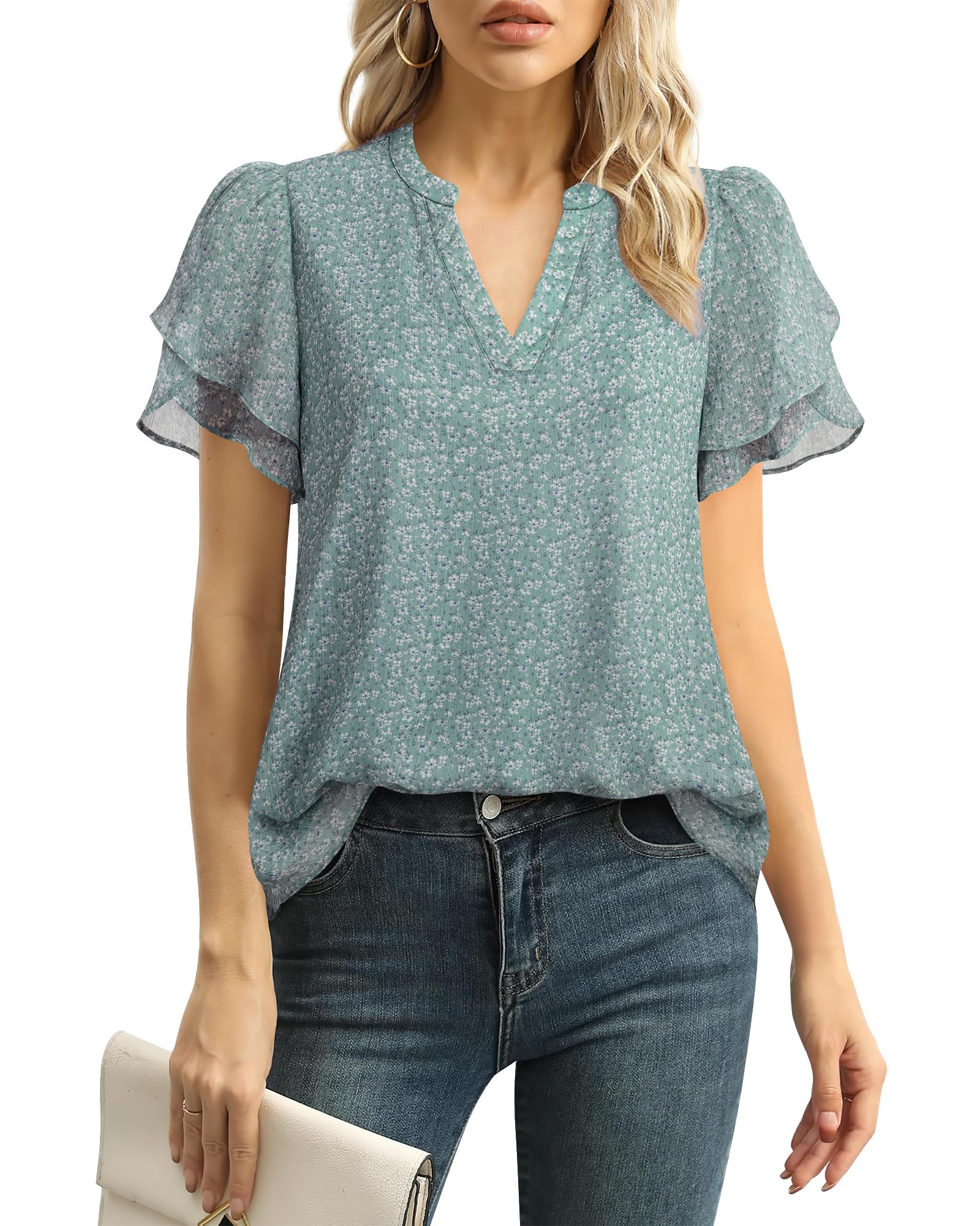 Polyester Blouses - Women's Chiffon Blouse V-Neck Puff Sleeve Summer Top for Work and Casual Wear