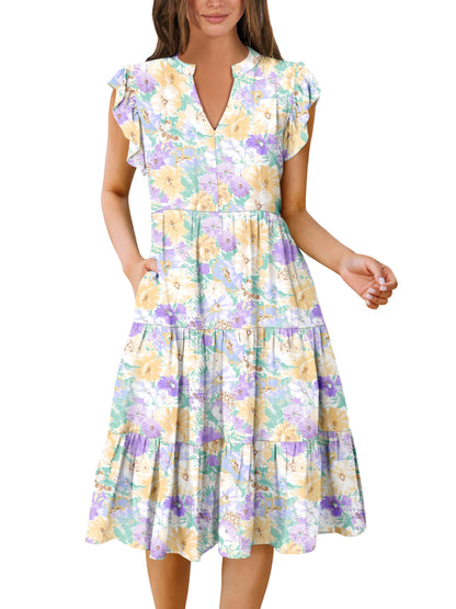 Blue Casual Dresses - Women's Summer Midi Dress - Ruffle Sleeve V-Neck Boho Beach Dress Yellow Purple Floral