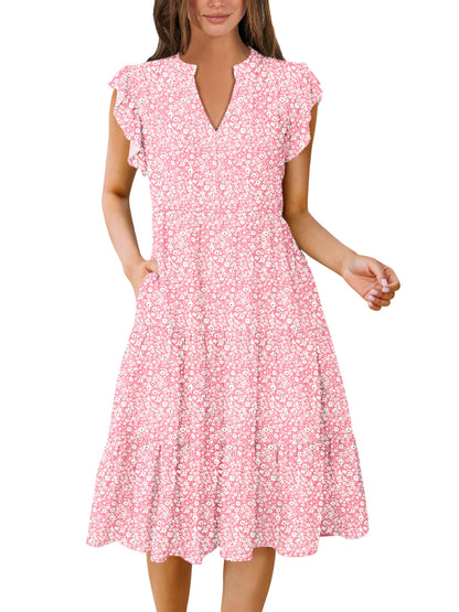 Blue Casual Dresses - Women's Summer Midi Dress - Ruffle Sleeve V-Neck Boho Beach Dress Pink Floral