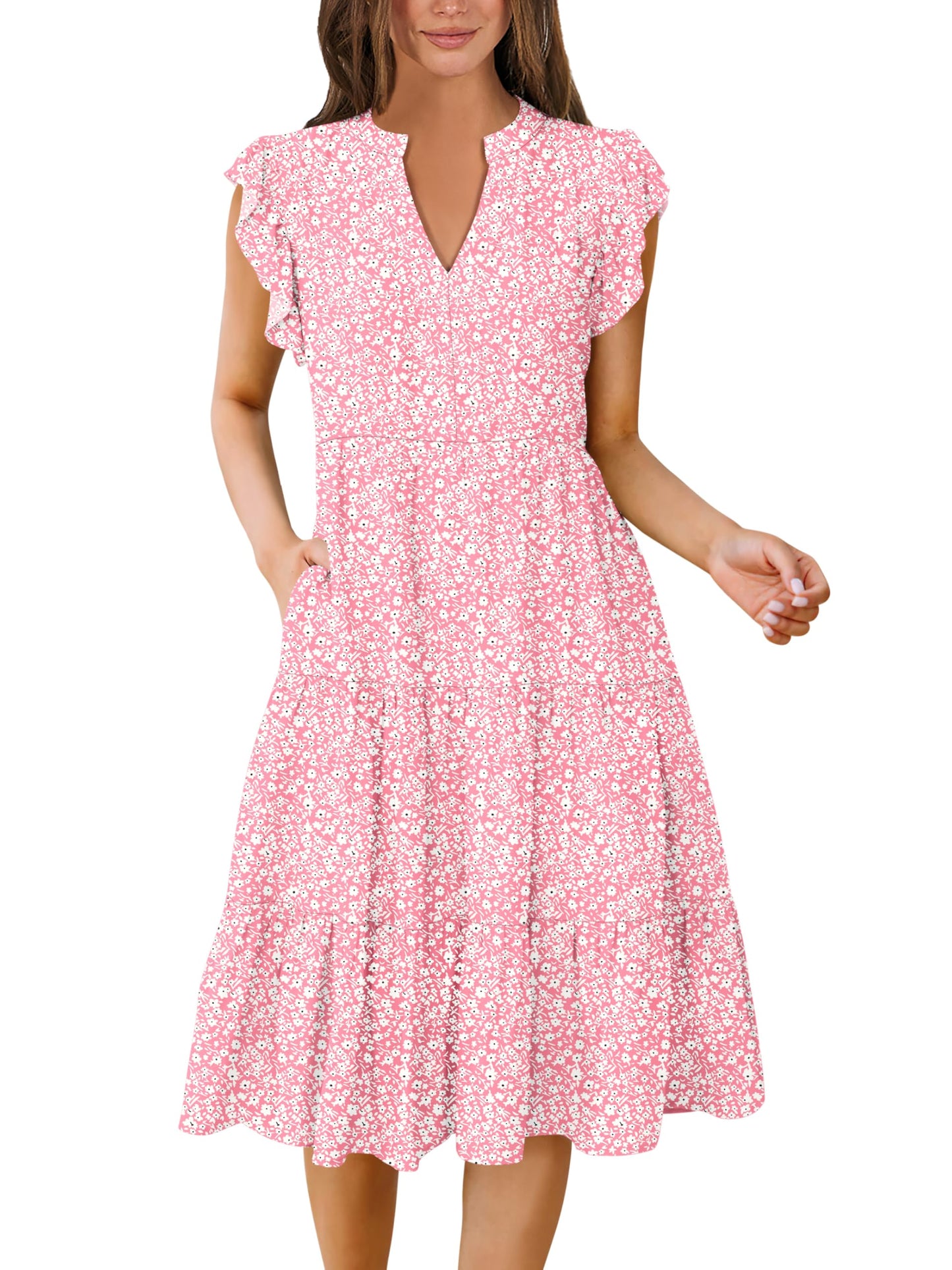 Blue Casual Dresses - Women's Summer Midi Dress - Ruffle Sleeve V-Neck Boho Beach Dress Pink Floral