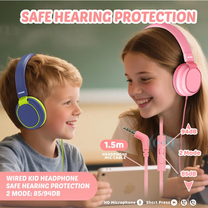 Kids Headphones Volume Limited 85/94dB - Wired Over-Ear Foldable Headset with Microphone Pink