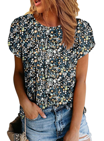 Polyester Blouses - Women's Chiffon Blouse Short Sleeve Pleated Top with Keyhole Back Detail Green Print