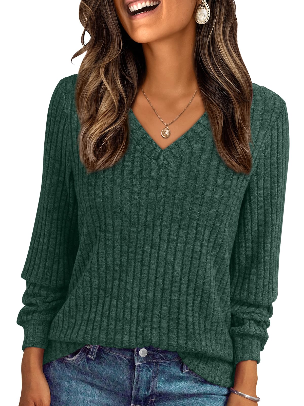 V Neck Long Sleeve Sweater for Women - Loose Fit Tunic Top for Fall & Winter