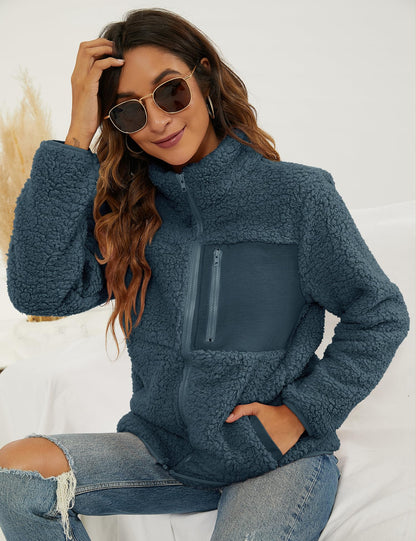 VVK Women's Fashion Faux Shearling Shaggy Full Zip Coats Warm Winter Patchwork Jackets with Pocket