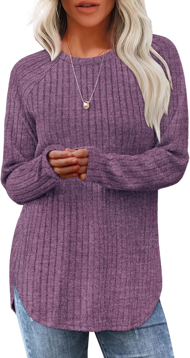Long Sleeve Tunic Top for Women - Loose Fit Pullover with Curved Hem Purple