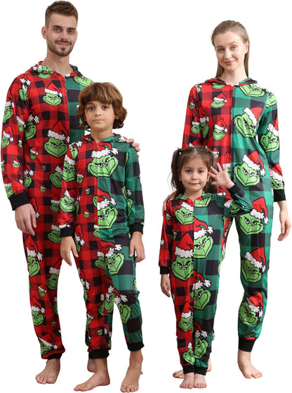 Matching Christmas Onesies for Family - Zip Up One-Piece Holiday Pajamas Green & Red Buffalo Plaid