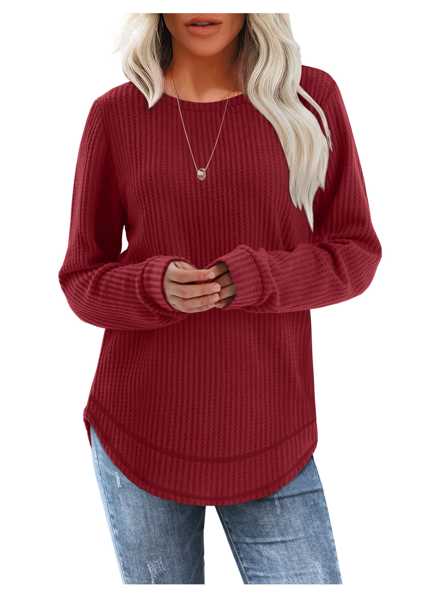Women's Tunic Tops - Loose Fit Waffle Knit Long Sleeve Crewneck Sweaters