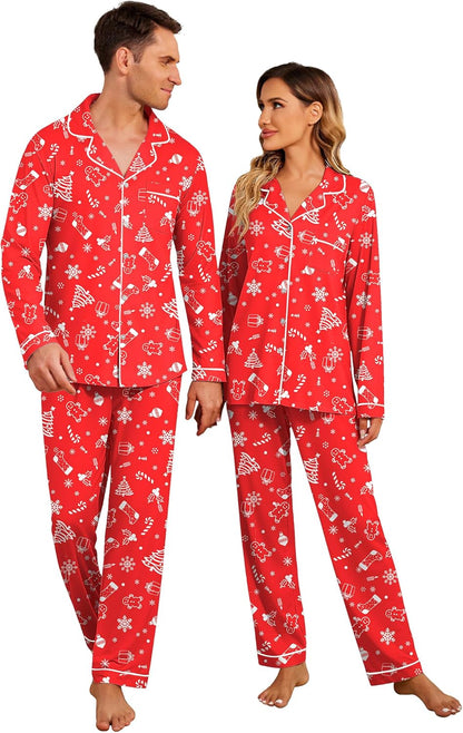 Christmas Family Matching Pajamas - Long Sleeve Button Down PJ Set Red Tree Sock