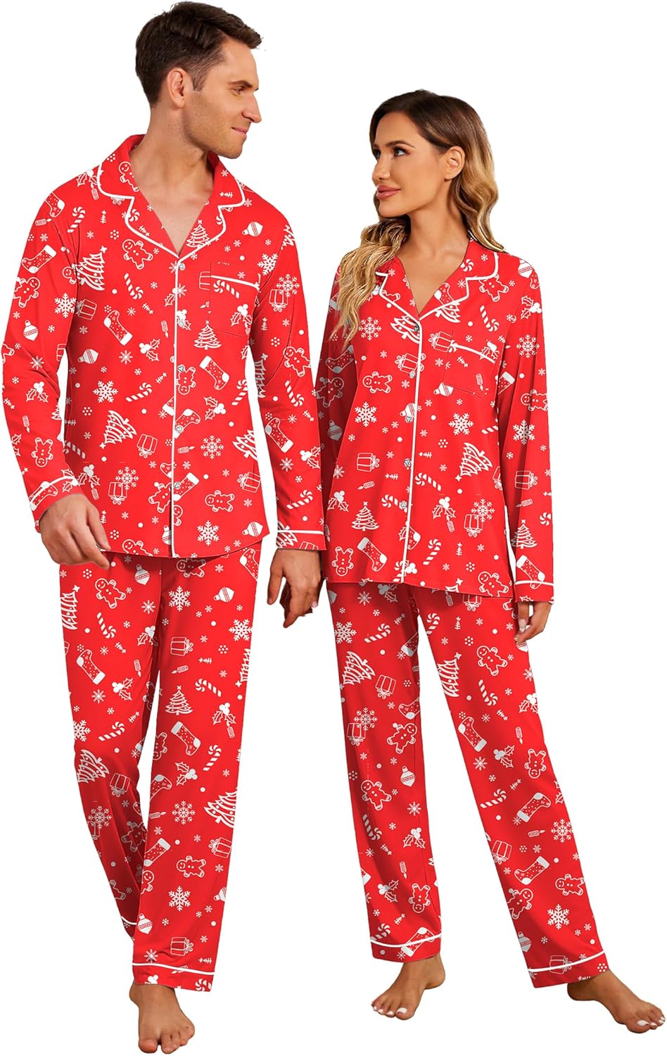 Christmas Family Matching Pajamas - Long Sleeve Button Down PJ Set Red Tree Sock