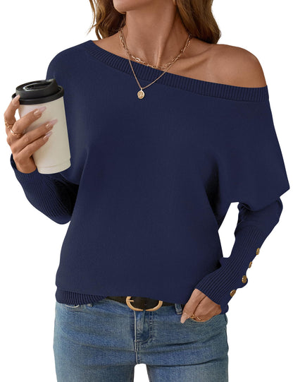 Women's Off The Shoulder Sweater - Oversized Knit Batwing Sleeve Pullover Navy Blue
