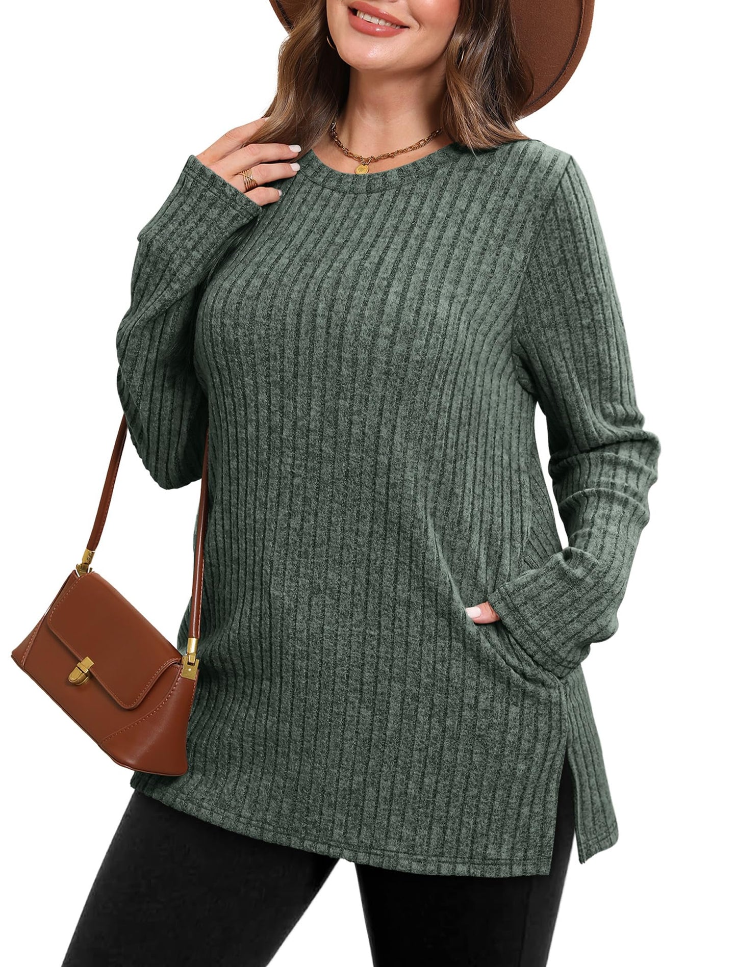 Women's Crewneck Sweater with Pockets - Long Sleeve Tunic Top with Side Slits