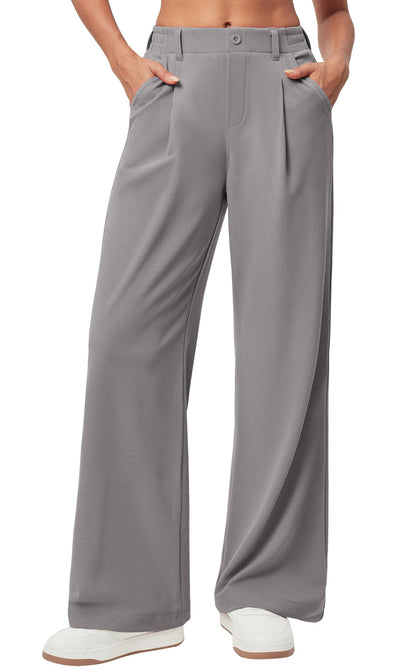 Women's Wide Leg Work Pants - Stretchy Pull-On Business Casual Trousers with Pockets