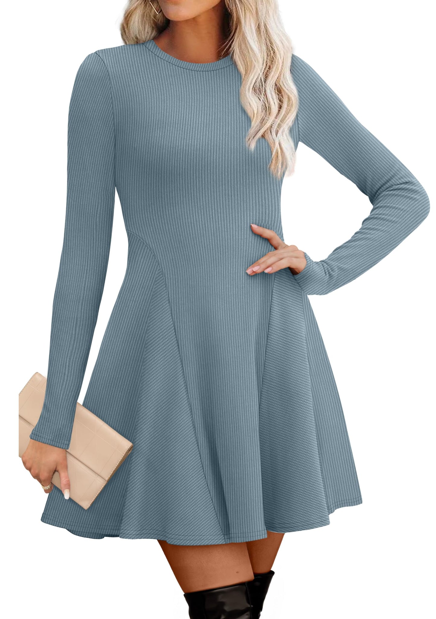 Women's Sweater Dress - Long Sleeve Ribbed Knit Fit and Flare A-Line Dress Teal Blue