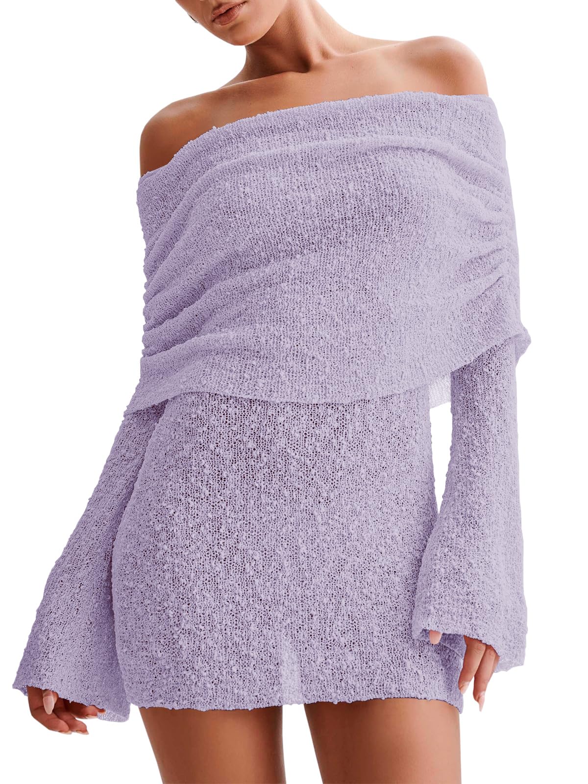 Women's Off Shoulder Beach Cover Up - Sheer Bell Sleeve Mini Dress for Swimwear Lavender