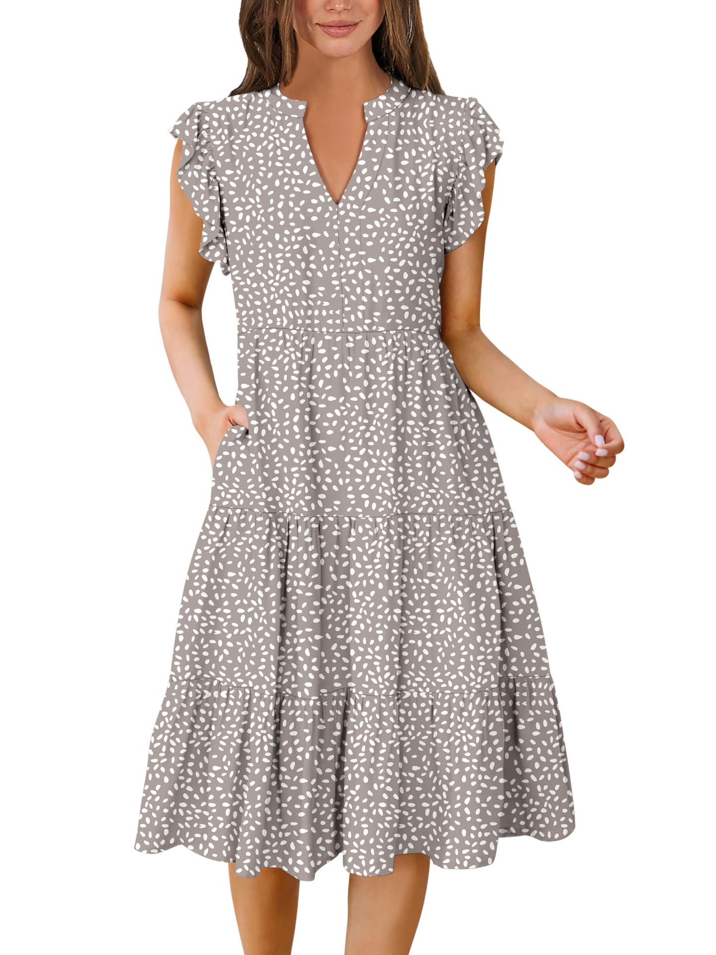 Blue Casual Dresses - Women's Summer Midi Dress - Ruffle Sleeve V-Neck Boho Beach Dress Khaki Polka Dot