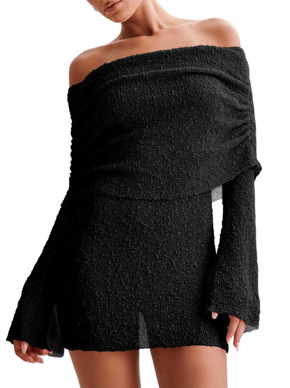 Women's Off Shoulder Beach Cover Up - Sheer Bell Sleeve Mini Dress for Swimwear Black