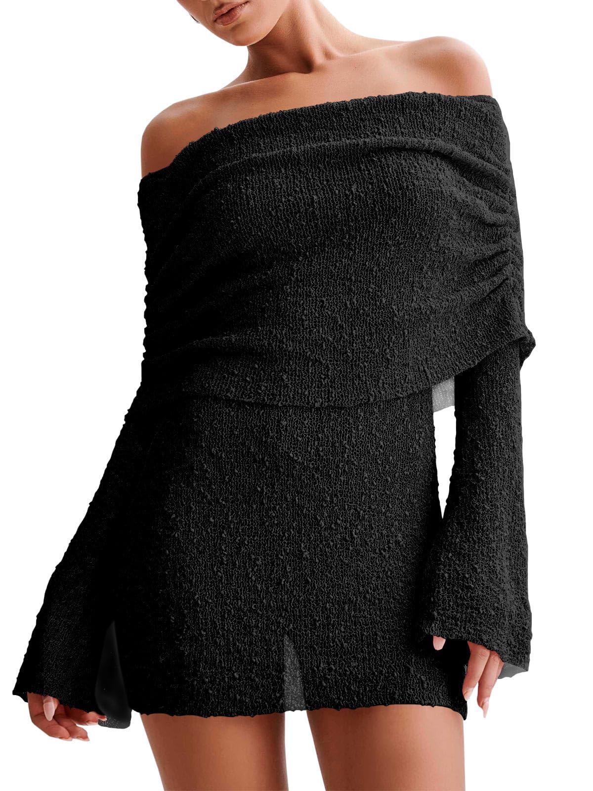 Women's Off Shoulder Beach Cover Up - Sheer Bell Sleeve Mini Dress for Swimwear