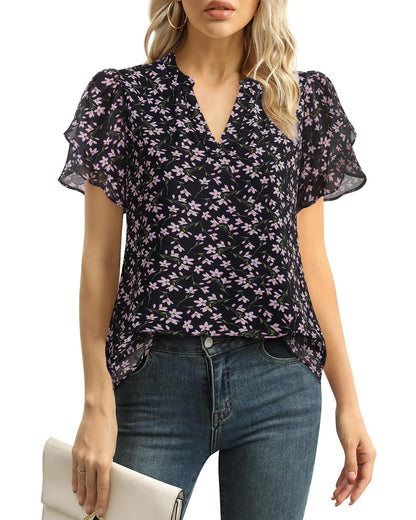 Polyester Blouses - Women's Chiffon Blouse V-Neck Puff Sleeve Summer Top for Work and Casual Wear