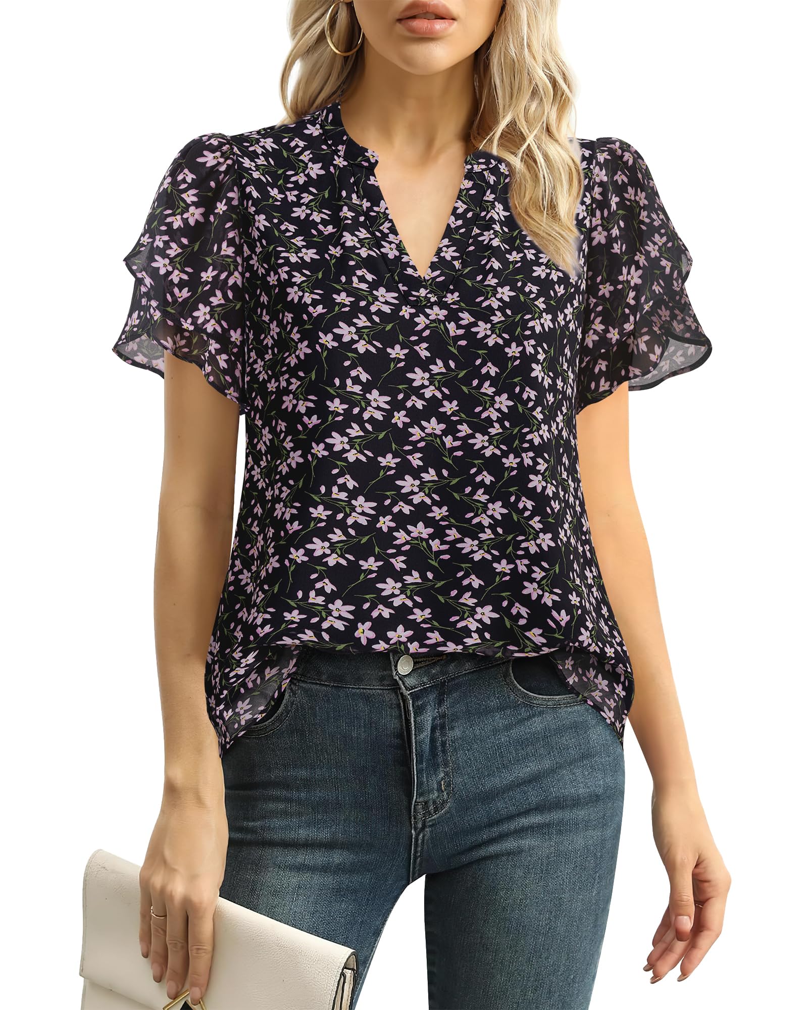 Polyester Blouses - Women's Chiffon Blouse V-Neck Puff Sleeve Summer Top for Work and Casual Wear