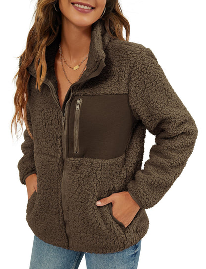 VVK Women's Fashion Faux Shearling Shaggy Full Zip Coats Warm Winter Patchwork Jackets with Pocket