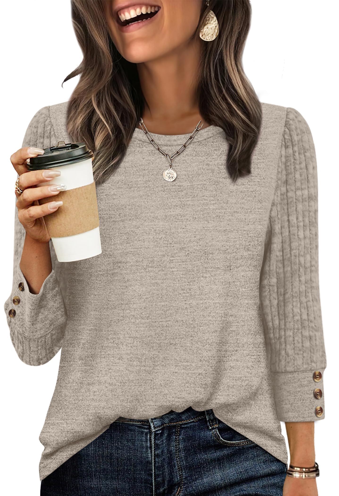 Women's Long Sleeve Shirts - Lightweight 3/4 Sleeve Sweaters with Buttons 01-khaki