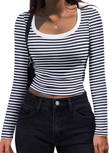 Women's Long Sleeve Scoop Neck Shirt Slim Fit Rib Knit Top Navy White Stripe