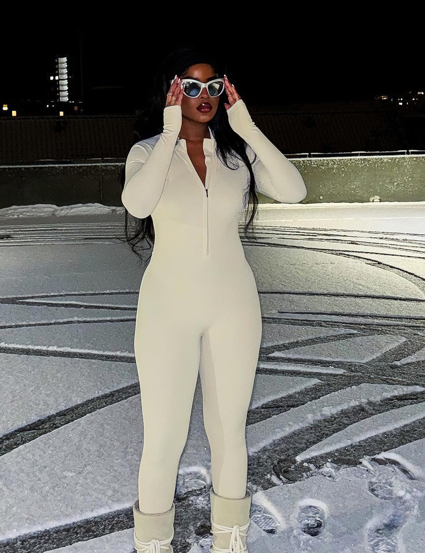 Women's Long Sleeve Workout Jumpsuit - Zip Up Bodycon Romper One Piece